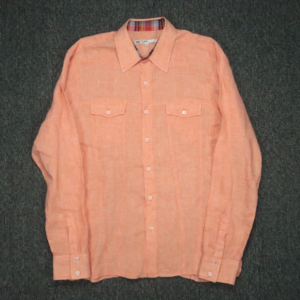 Mr Turk Shirt Mens Large Coral Orange 100% Linen Long Sleeve Button